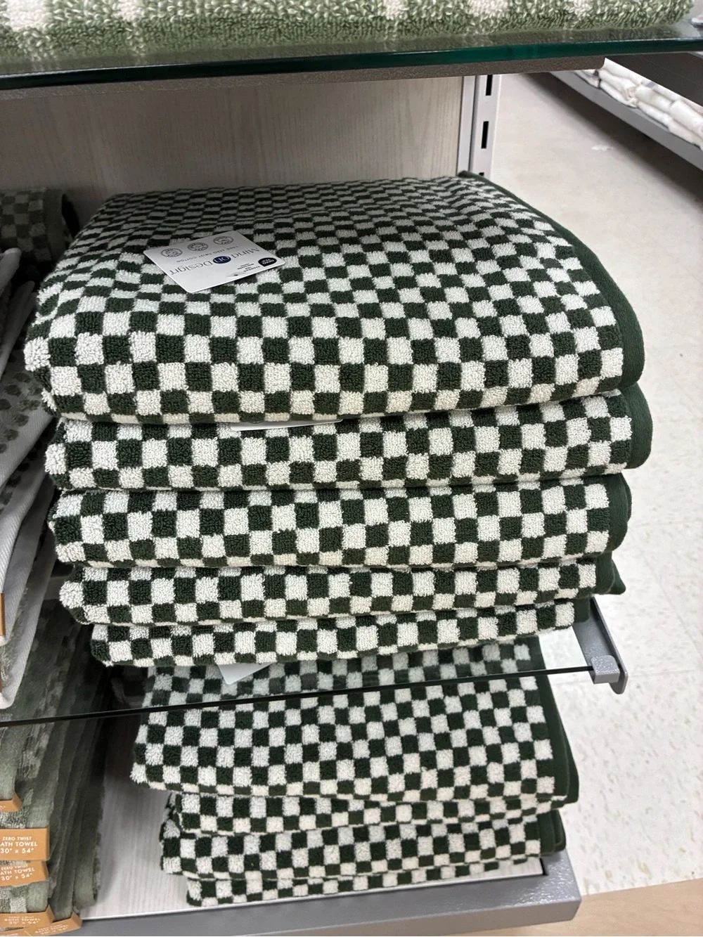 SET of 3!!! Checkerboard Green & White Bath Towels